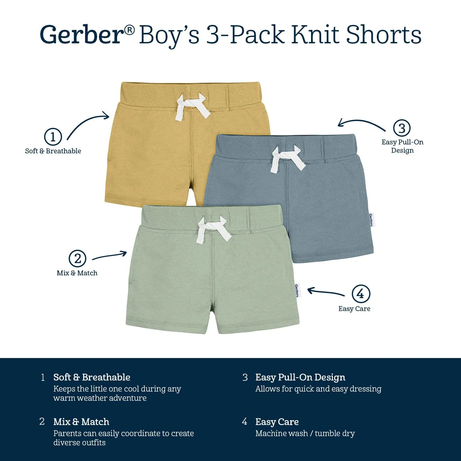 3-Pack Baby & Toddler Boys Tan, Blue, & Green Knit Shorts