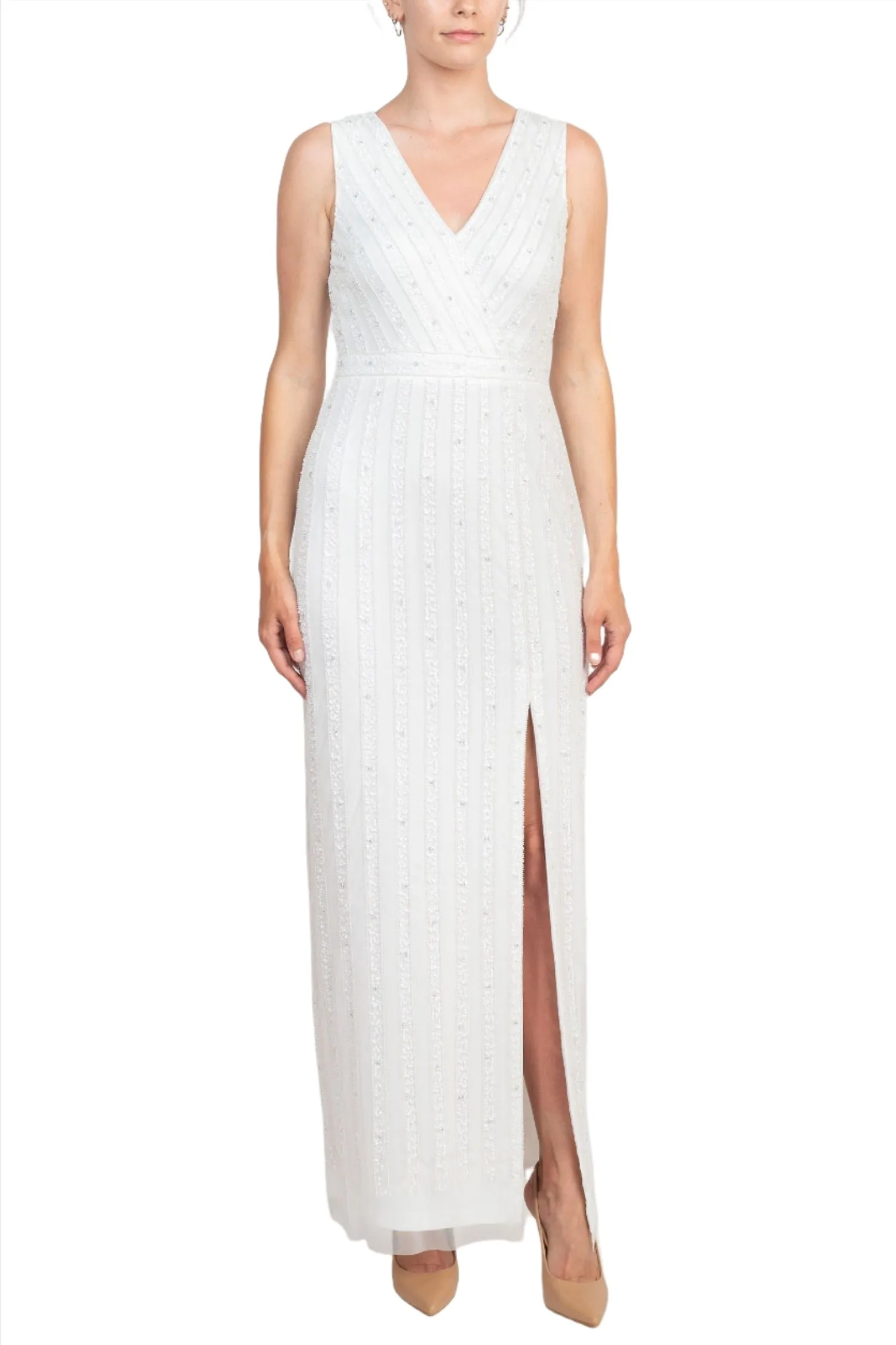 Adrianna Papell V-Neck Beaded & Sequined Sleeveless Banded Waist Slit Front Zipper Back Mesh Dress