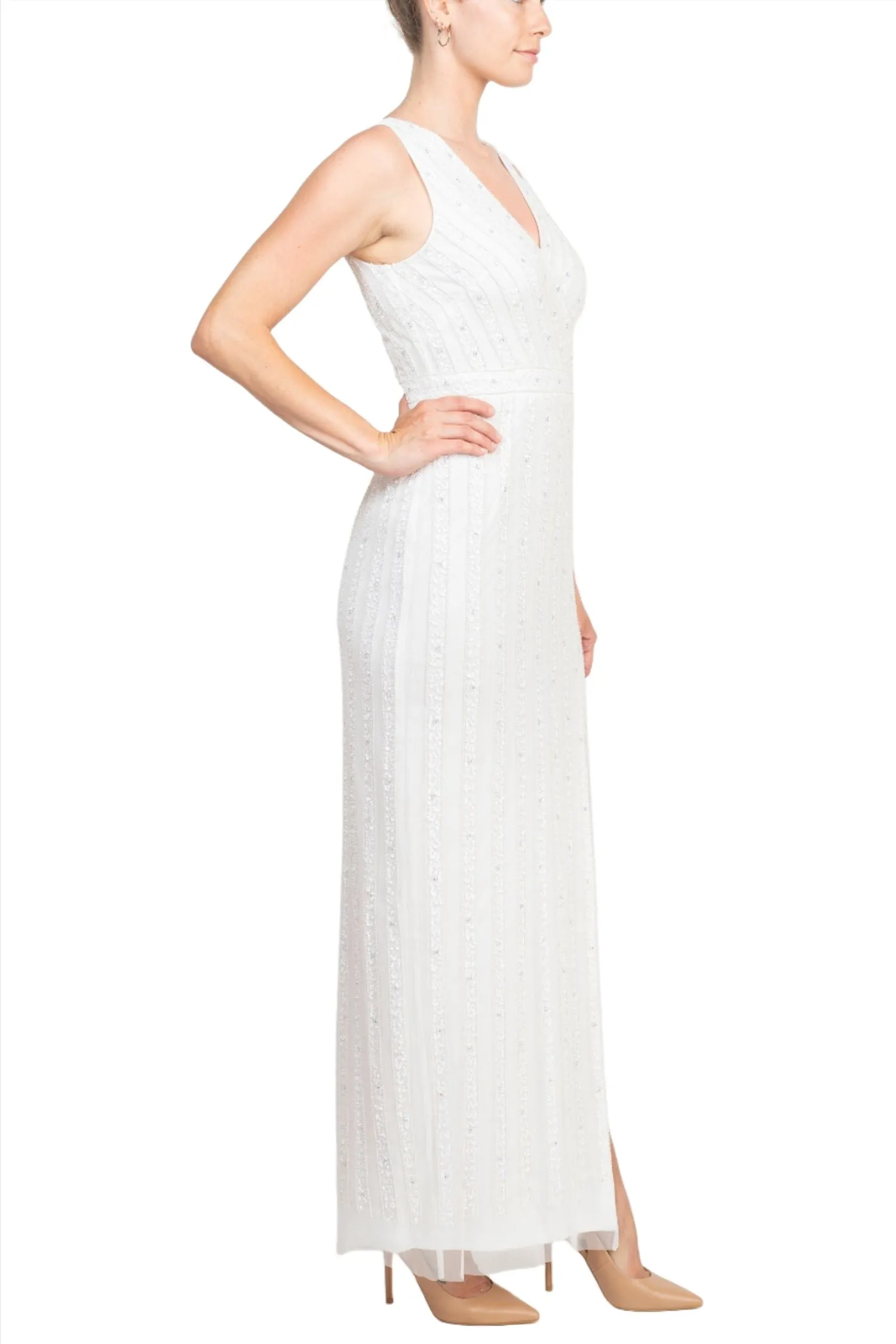 Adrianna Papell V-Neck Beaded & Sequined Sleeveless Banded Waist Slit Front Zipper Back Mesh Dress