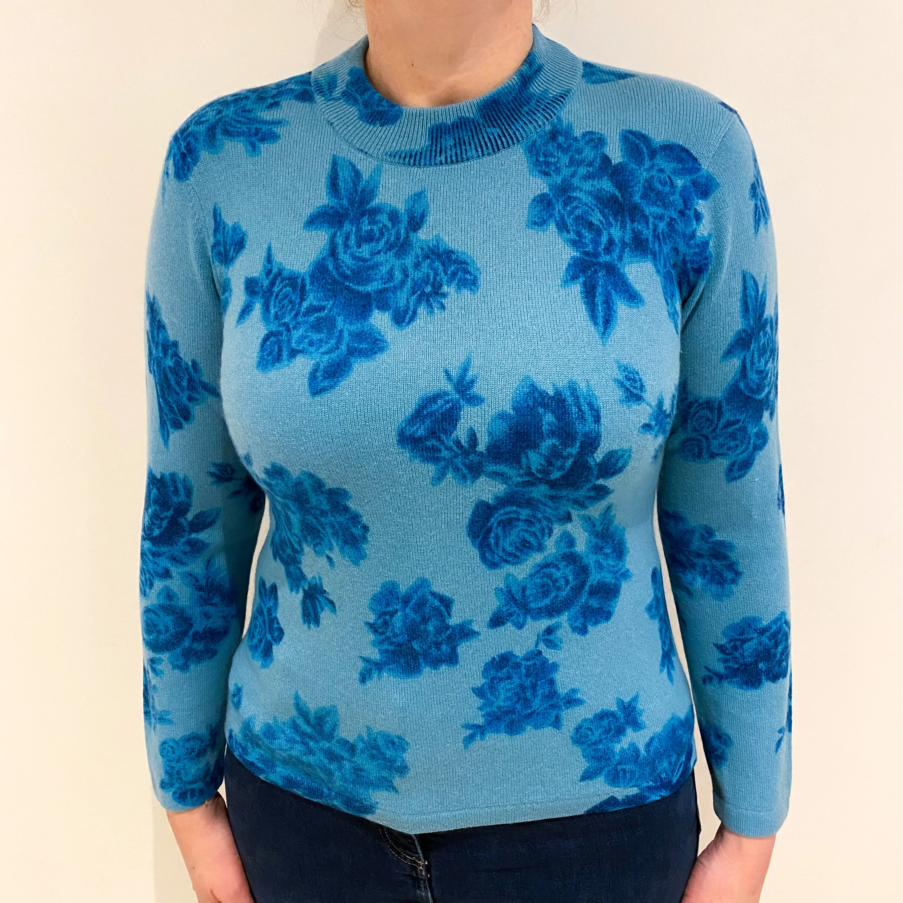 Aqua Blue Floral Cashmere Turtle Neck Jumper Large