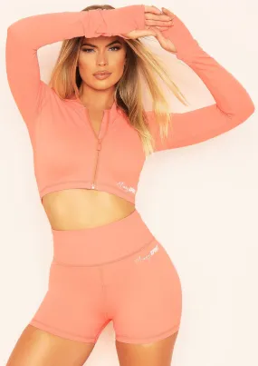 Aria Peach Missy Sport Zip Through Cropped Gym Jacket