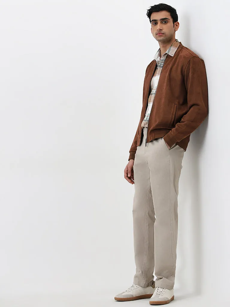 Ascot Brown Faux Suede Relaxed-Fit Bomber Jacket