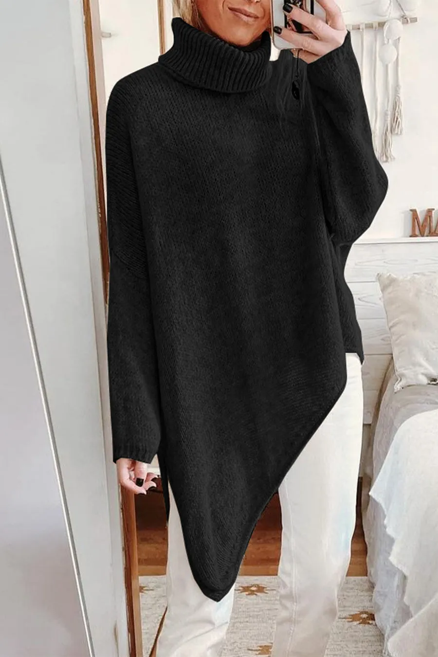 Asymmetric Hem Oversized Turtleneck Sweater