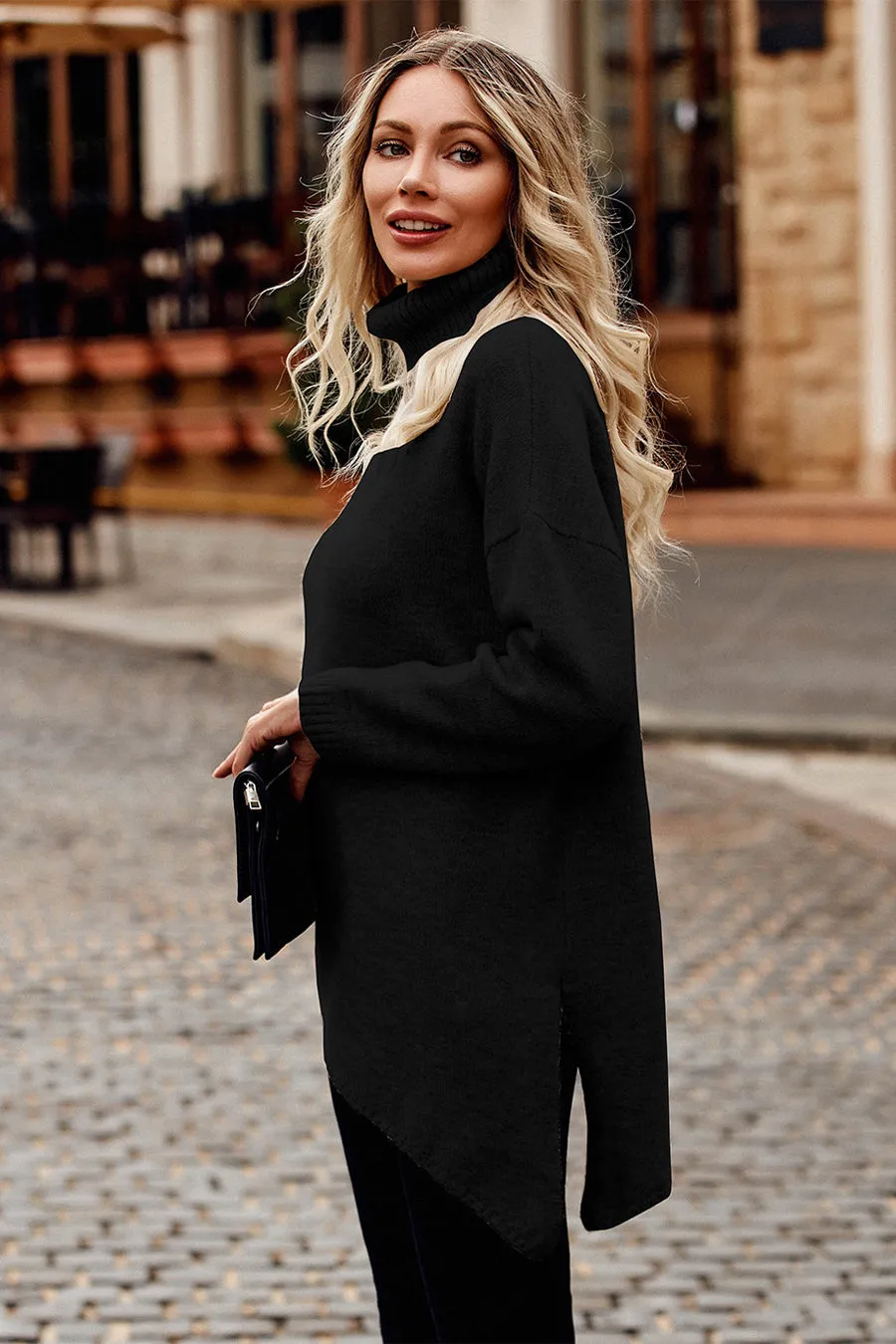 Asymmetric Hem Oversized Turtleneck Sweater