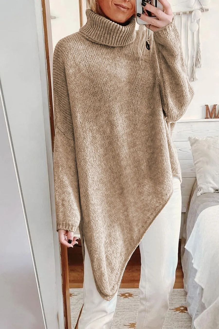 Asymmetric Hem Oversized Turtleneck Sweater