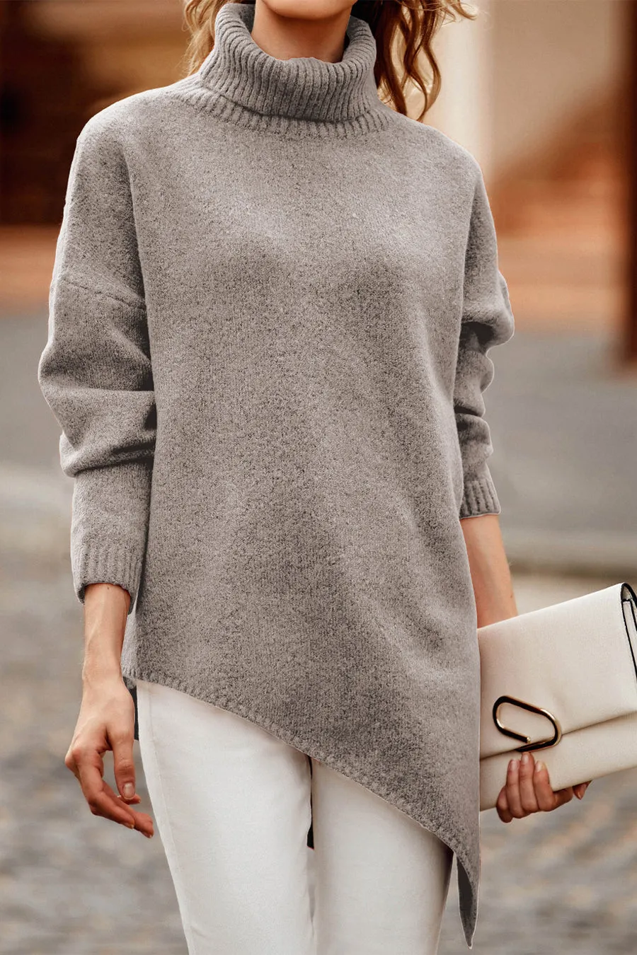 Asymmetric Hem Oversized Turtleneck Sweater