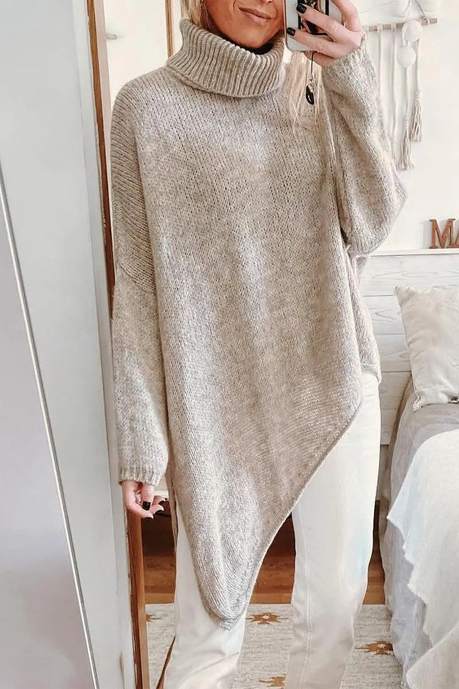 Asymmetric Hem Oversized Turtleneck Sweater