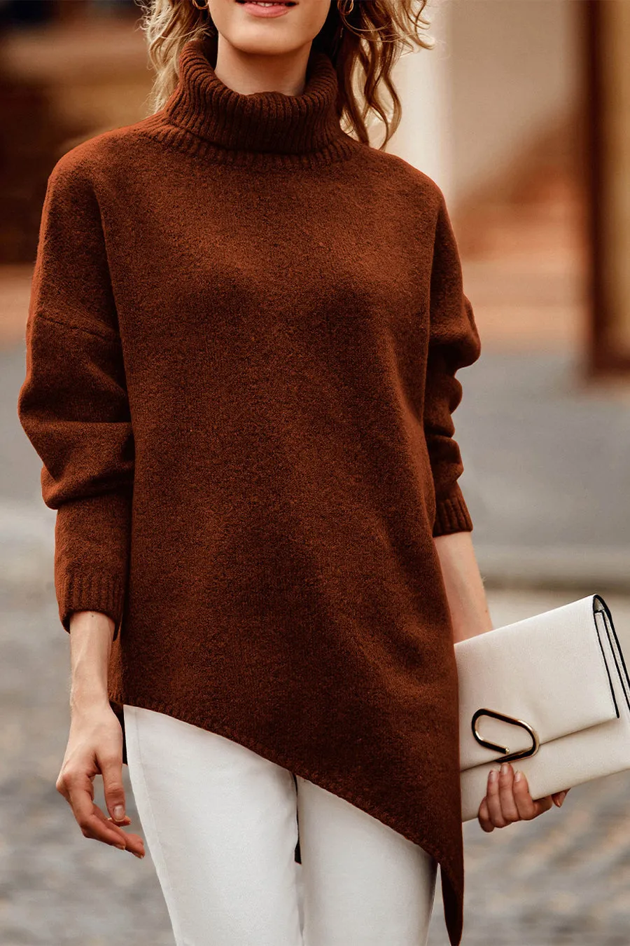 Asymmetric Hem Oversized Turtleneck Sweater