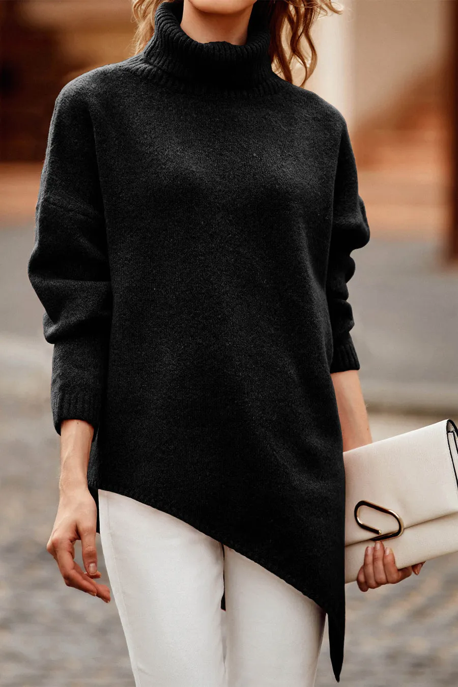 Asymmetric Hem Oversized Turtleneck Sweater