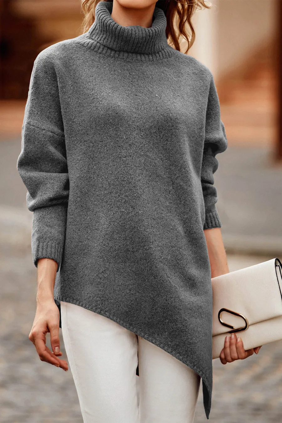 Asymmetric Hem Oversized Turtleneck Sweater