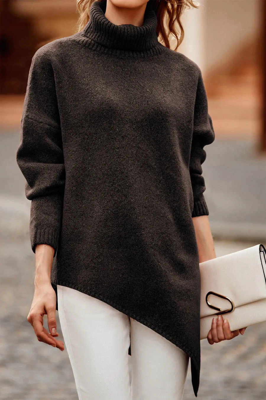 Asymmetric Hem Oversized Turtleneck Sweater