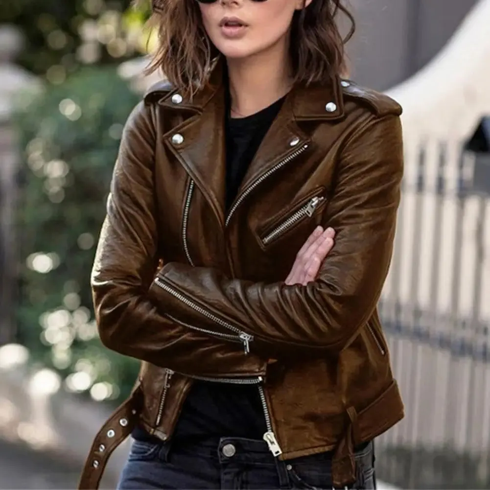 Autumn Short Solid Moto Biker Thin Cool Slim Faux Leather Jacket