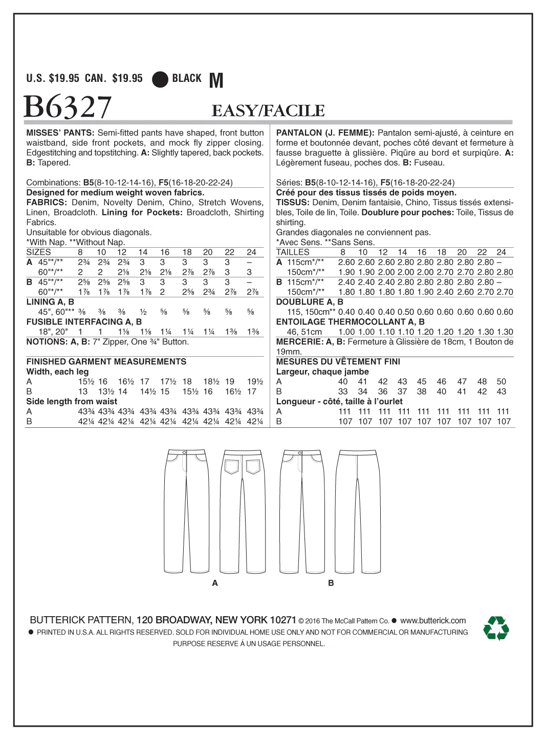 B6327 Misses' Tapered Pants