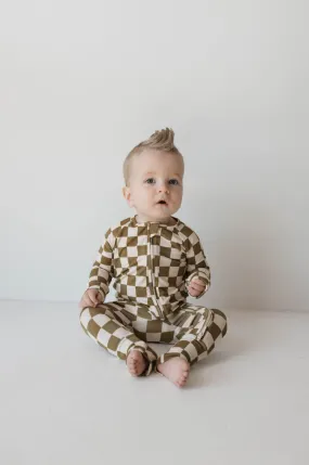 Bamboo Zip Pajamas  | Olive Checkerboard