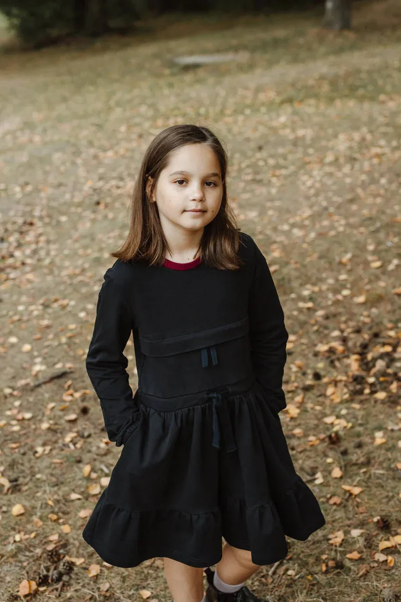 BARBORA Black A-Line Dress with Hidden Pockets for Girls Ages 5-12 - Cotton Comfort