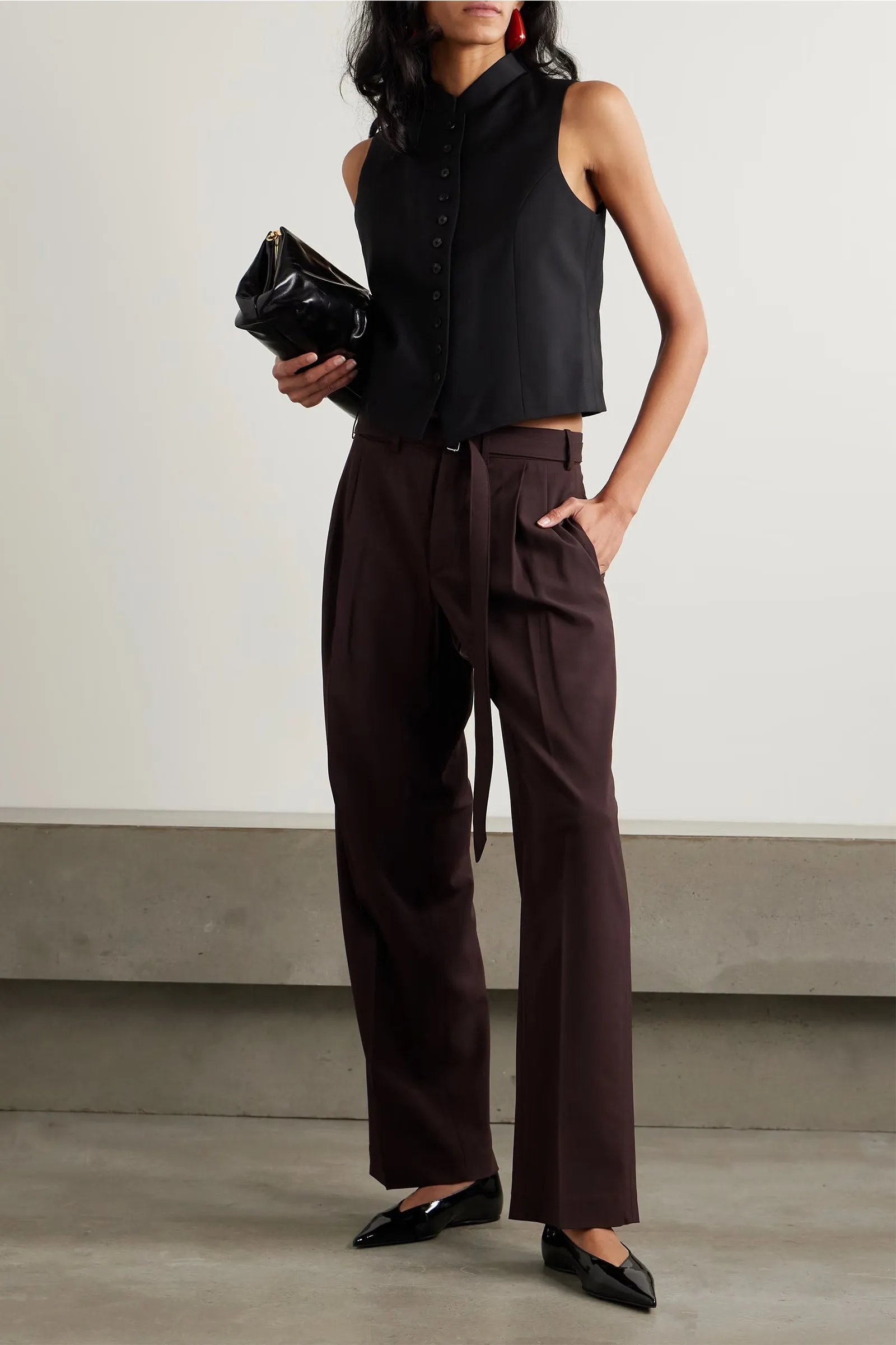 Belted Pleated Wool Wide-leg Pants