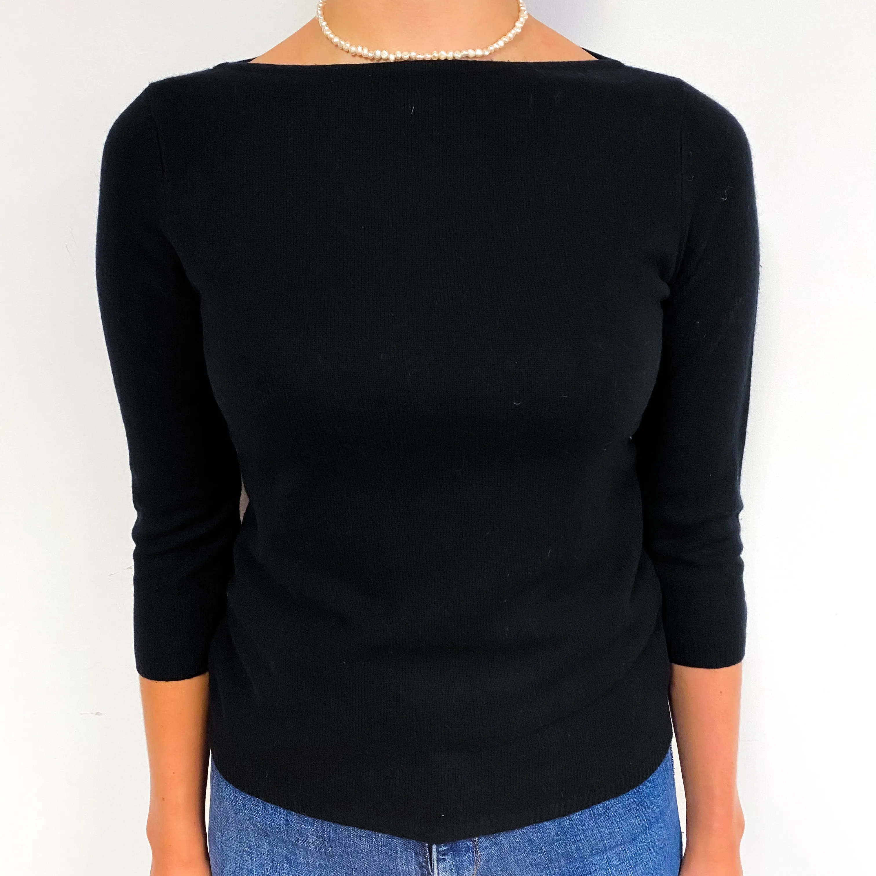 Black 3/4 Sleeve Cashmere Boat Neck Jumper Small