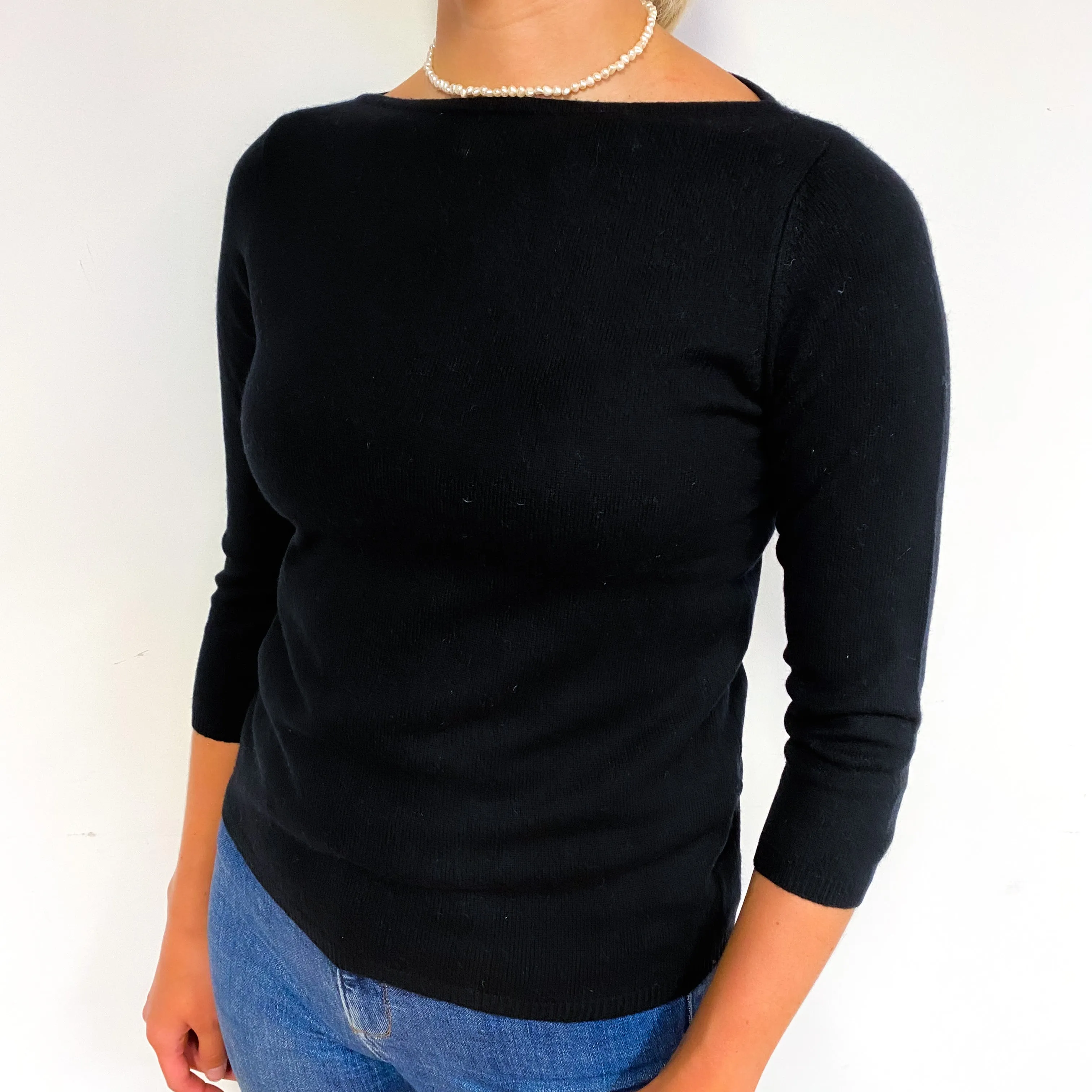 Black 3/4 Sleeve Cashmere Boat Neck Jumper Small