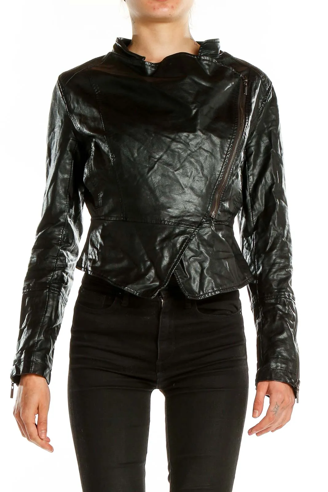 Black Faux Leather Asymmetrical Moto Jacket