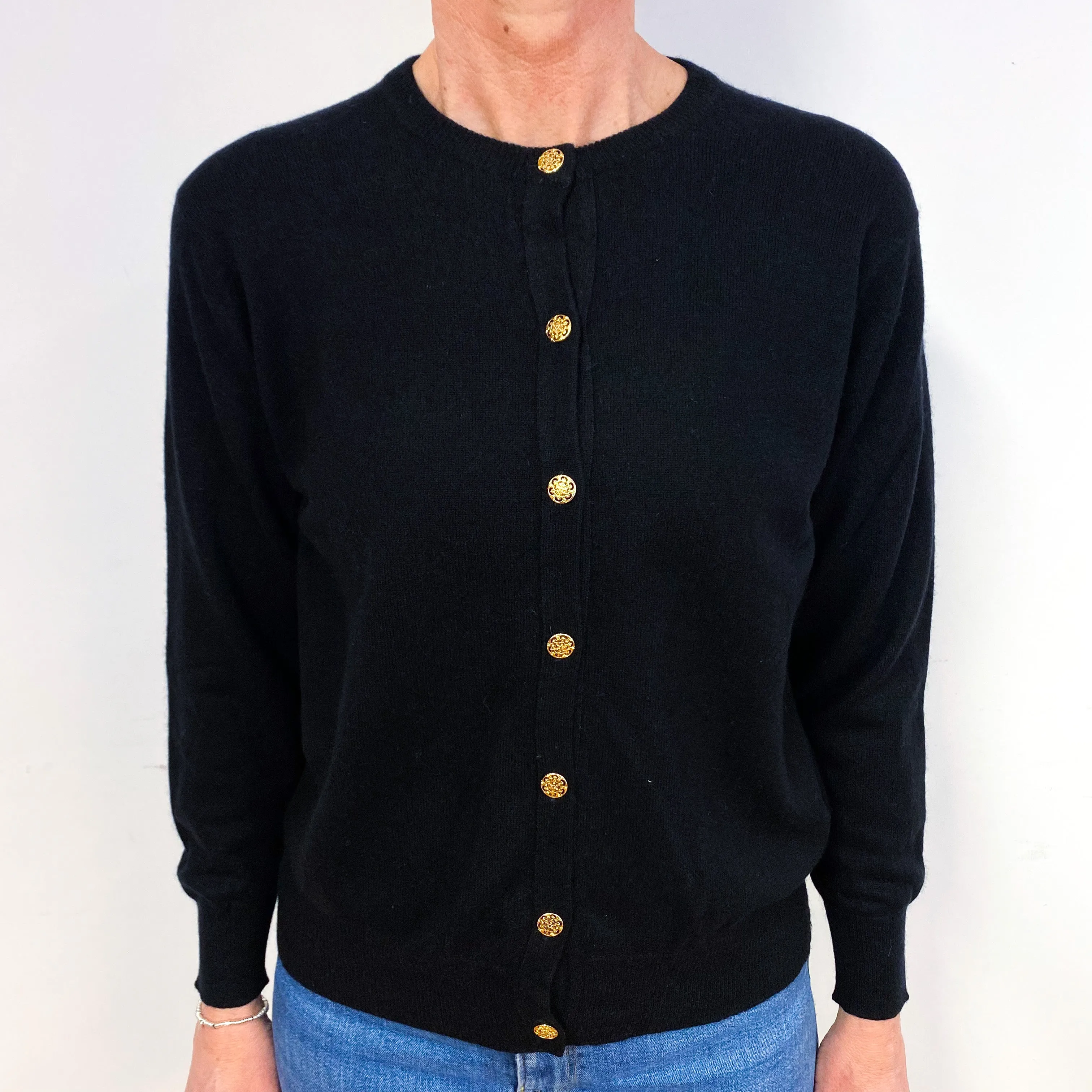 Black Golden Button Cashmere Crew Neck Cardigan Medium