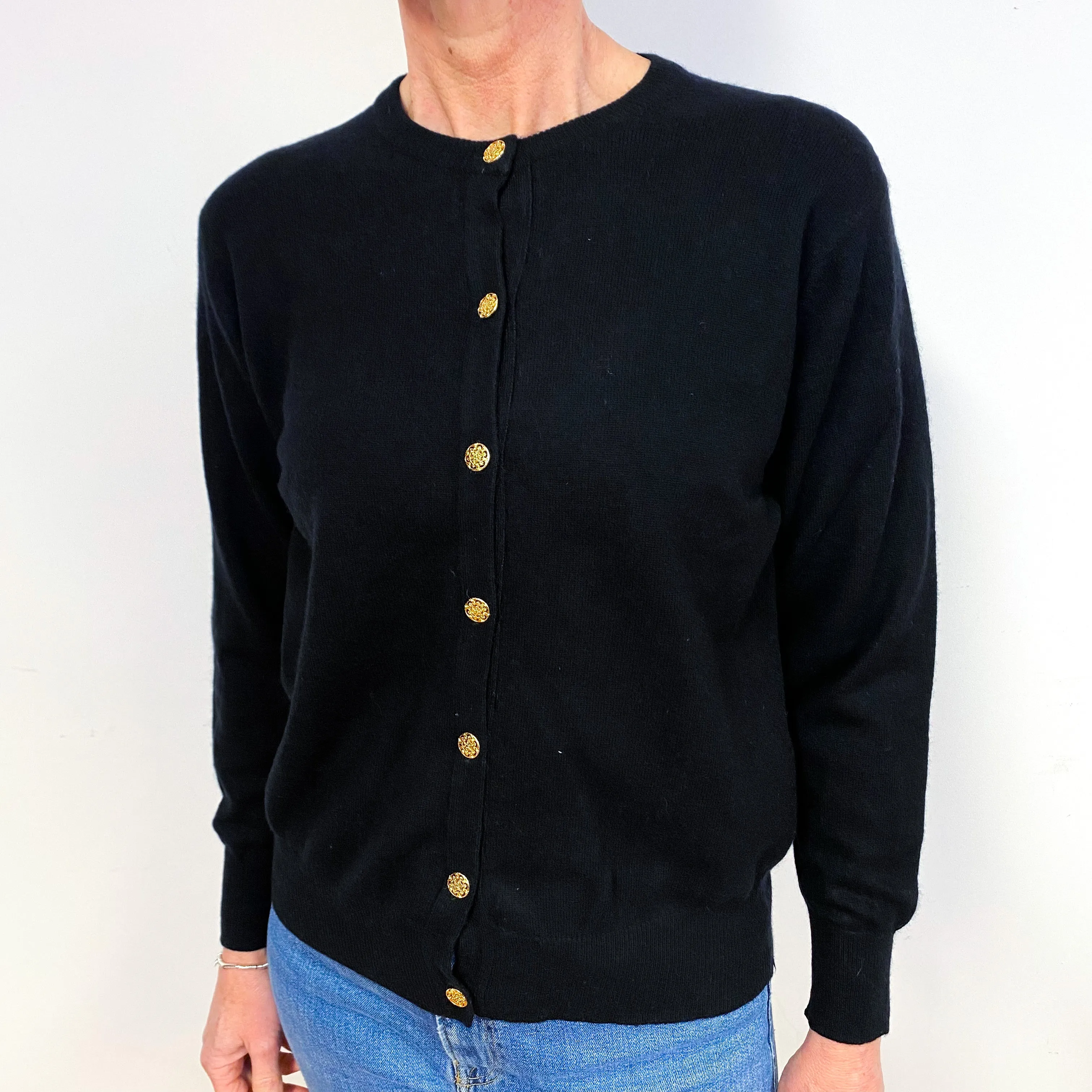 Black Golden Button Cashmere Crew Neck Cardigan Medium