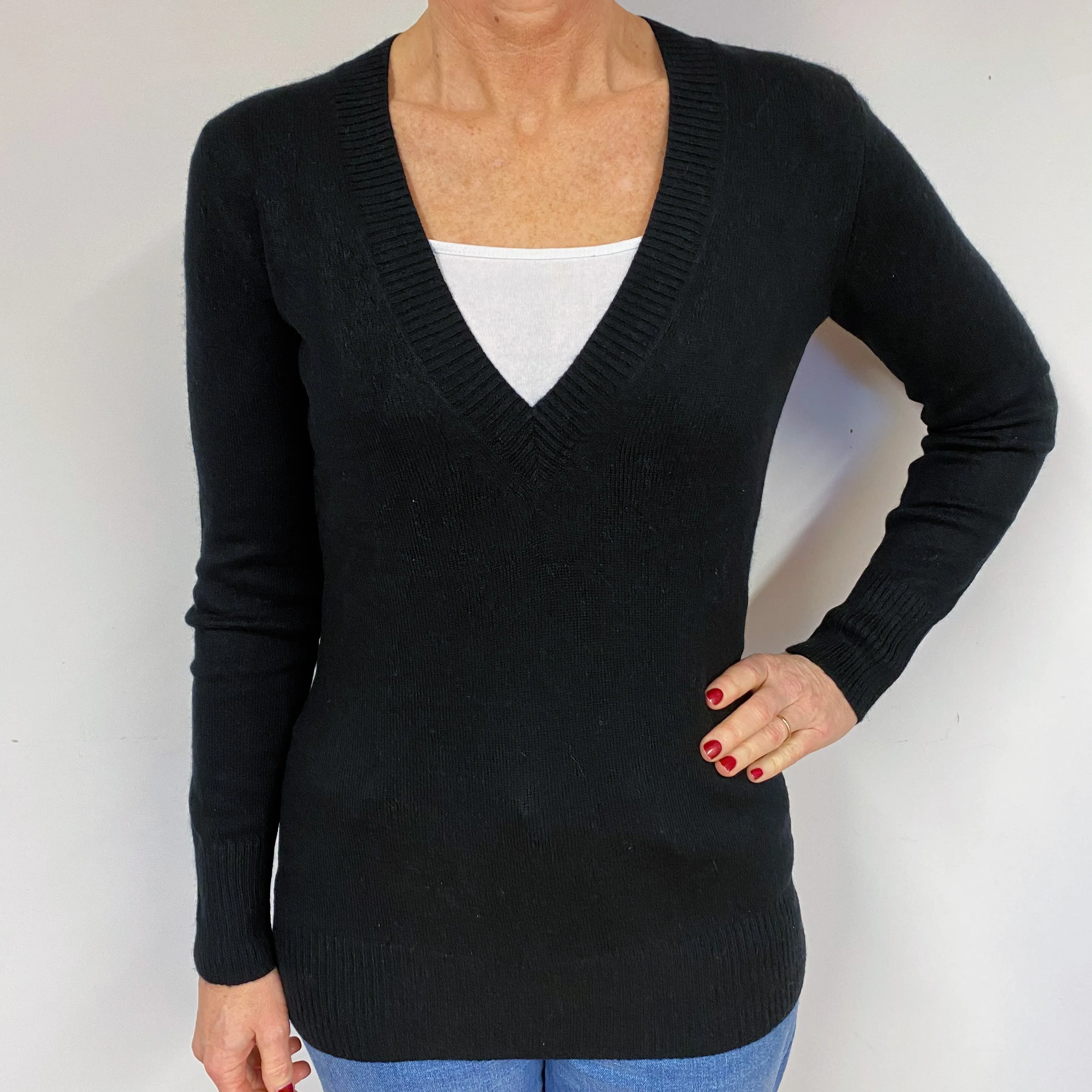 Black Longline Cashmere V-Neck Jumper Medium