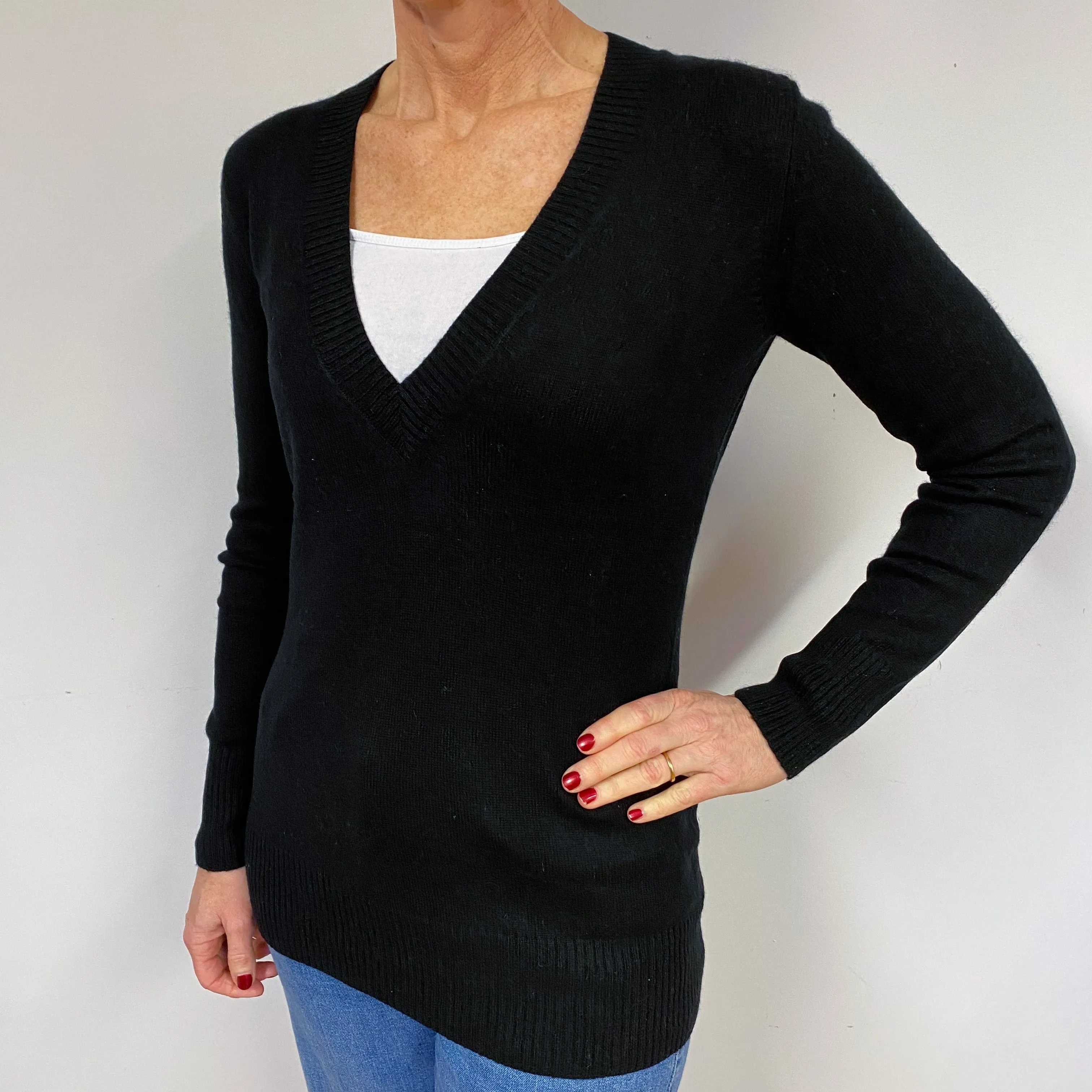 Black Longline Cashmere V-Neck Jumper Medium