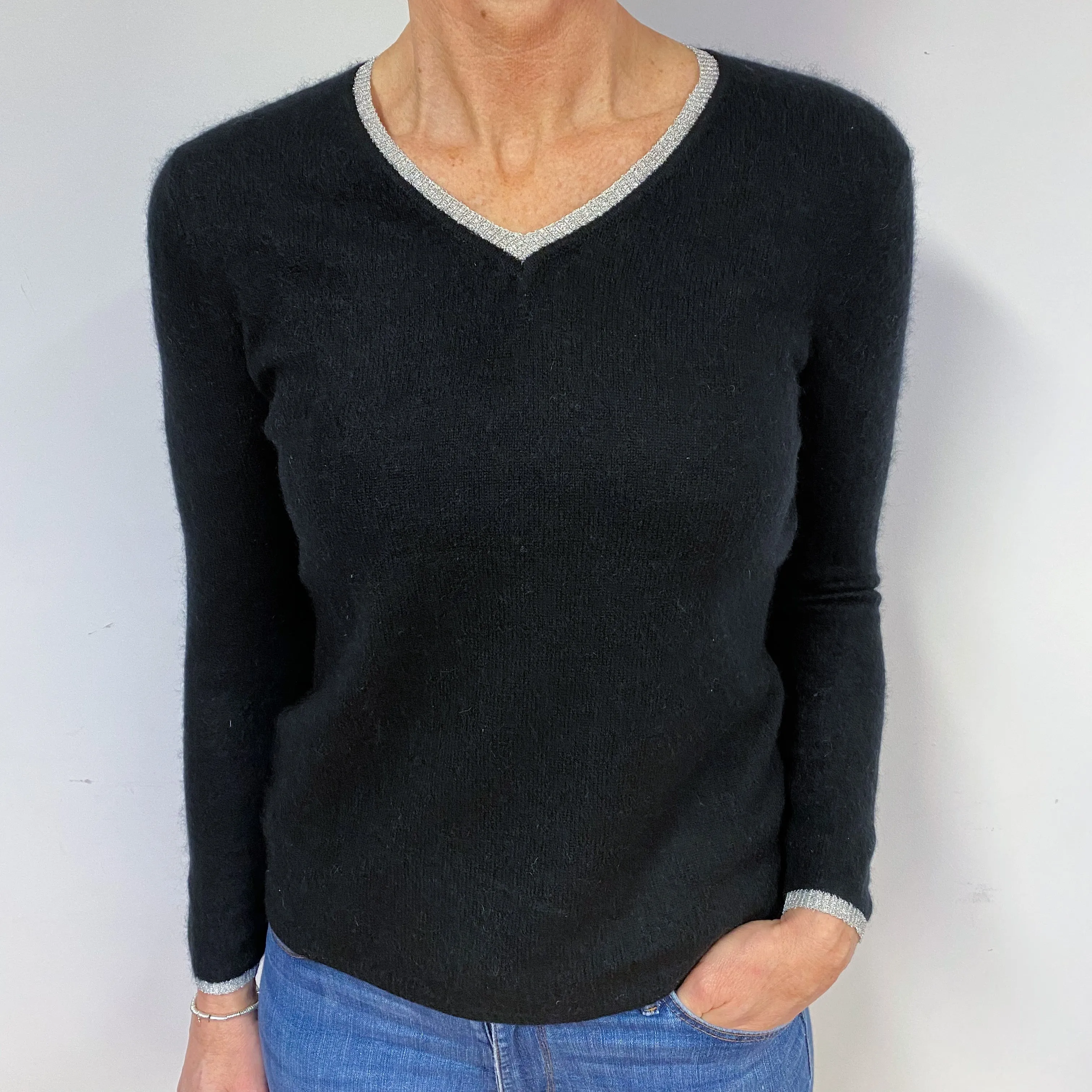 Black Sparkle Trim Cashmere V-Neck Jumper Medium