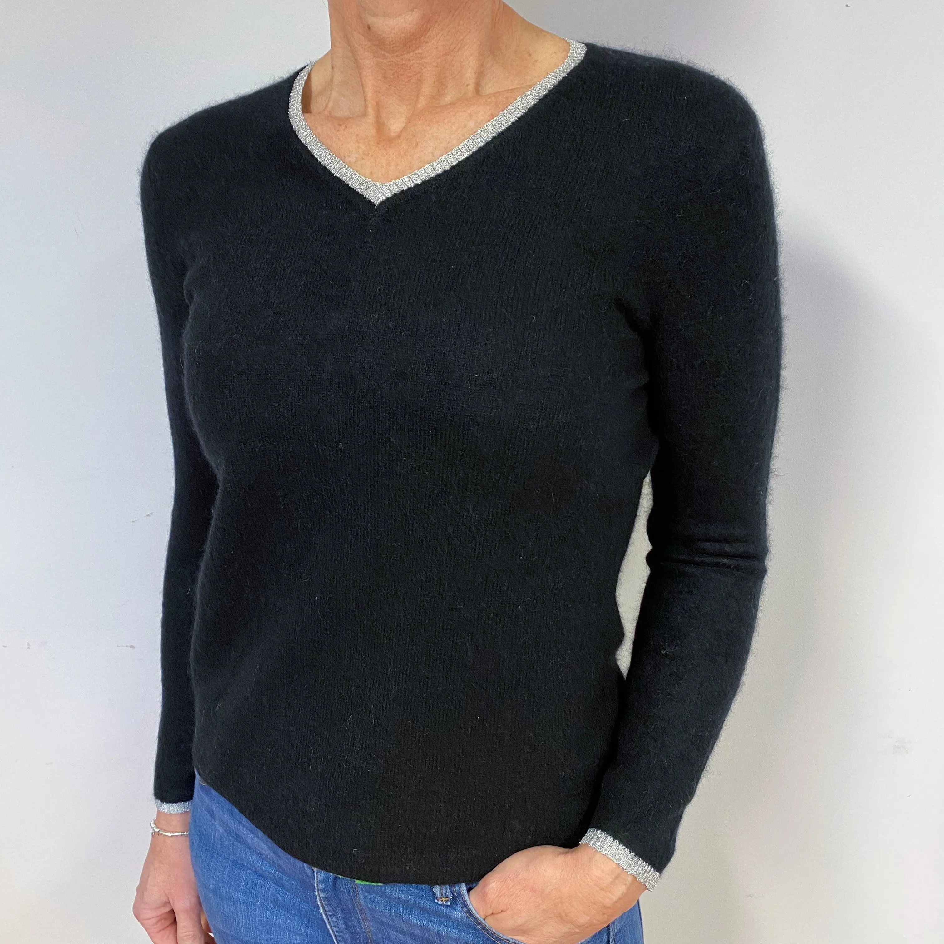 Black Sparkle Trim Cashmere V-Neck Jumper Medium