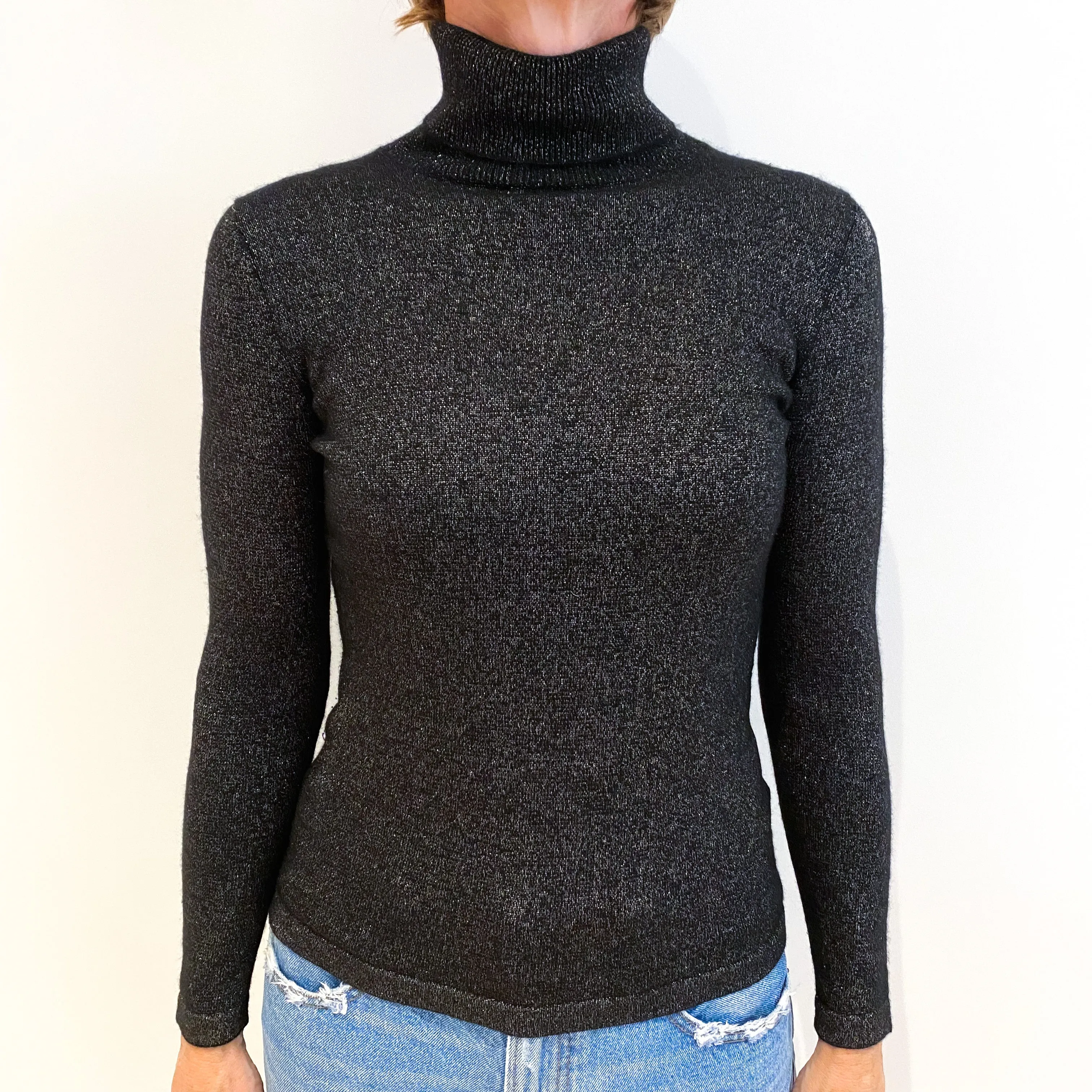 Black Sparkly Cashmere Polo Neck Jumper Small