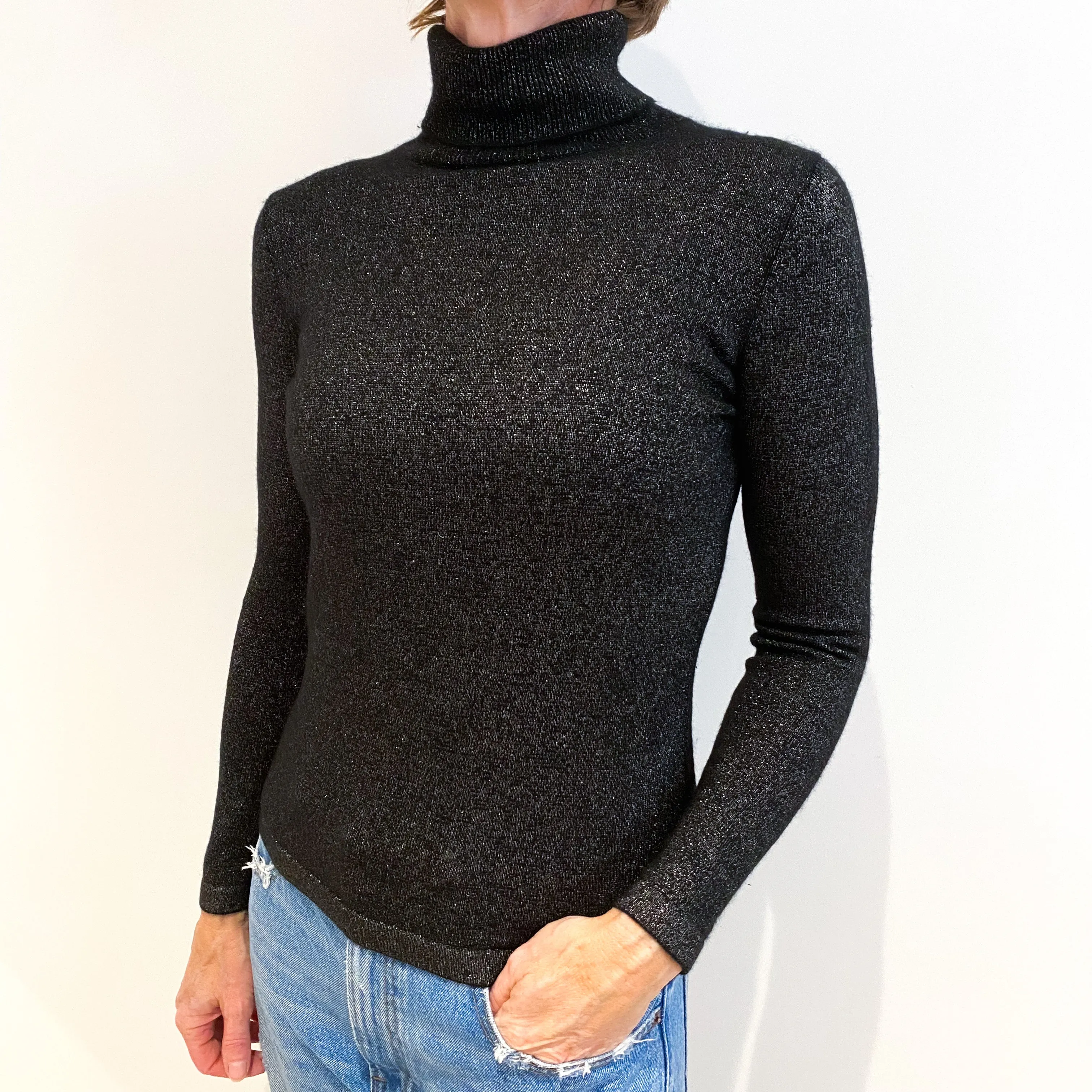 Black Sparkly Cashmere Polo Neck Jumper Small