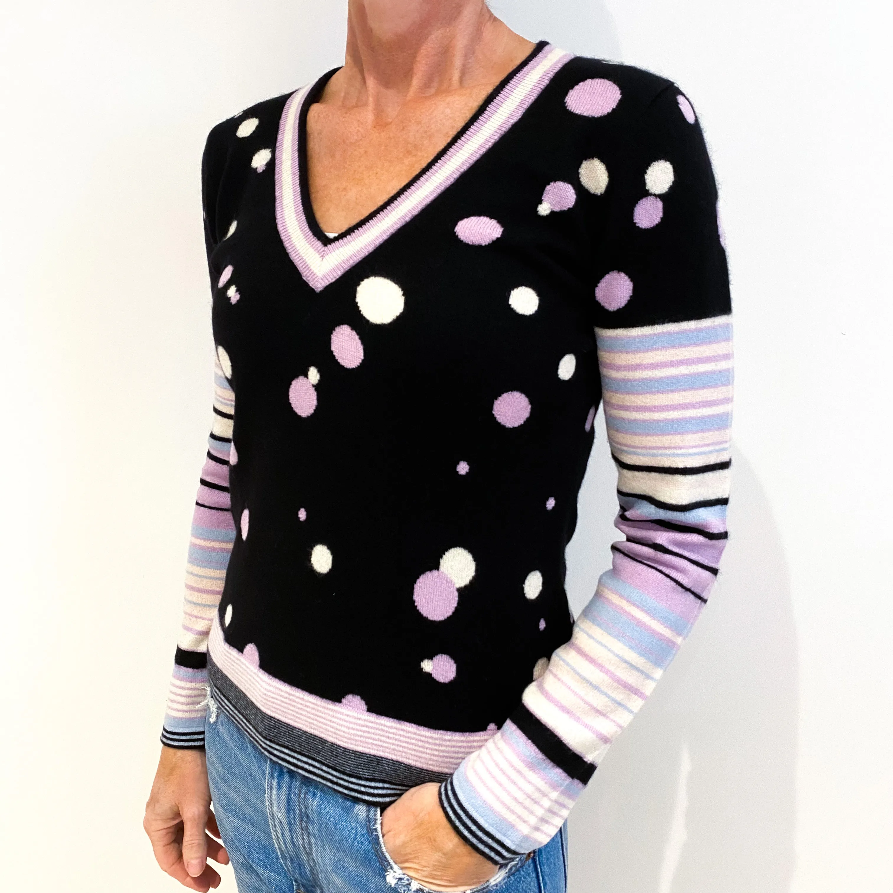 Black Stripe and Spot Cashmere V-Neck Jumper Small