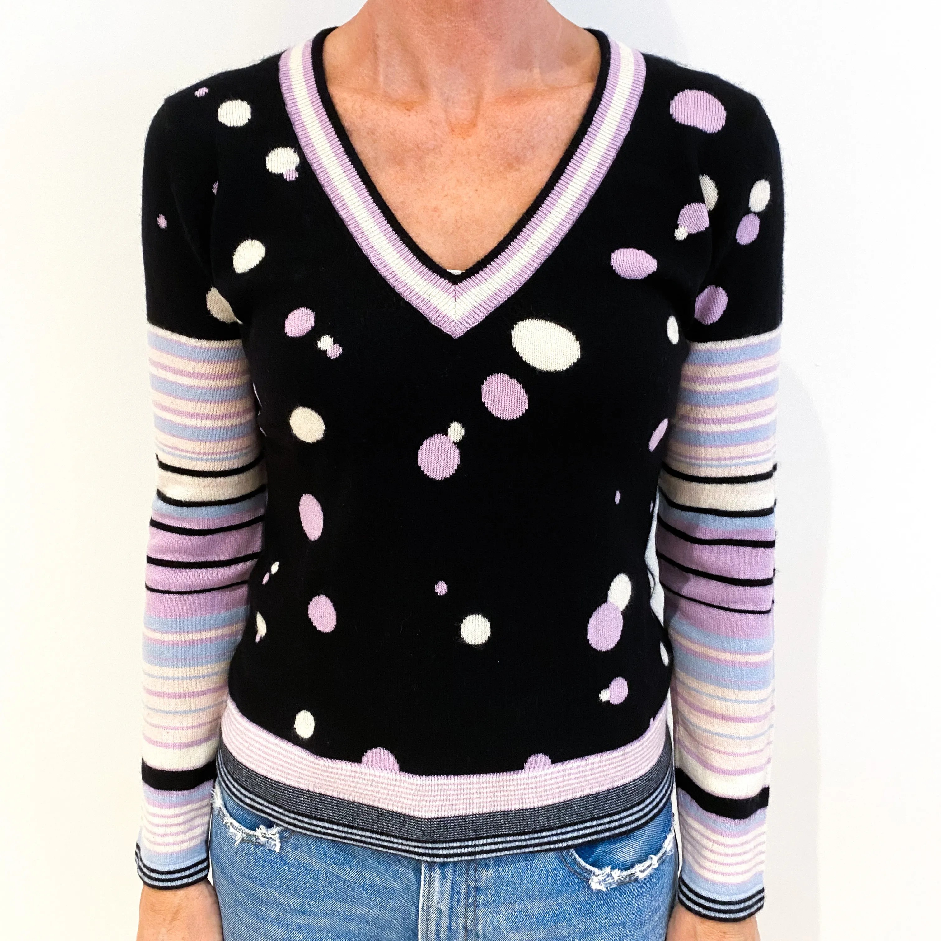 Black Stripe and Spot Cashmere V-Neck Jumper Small