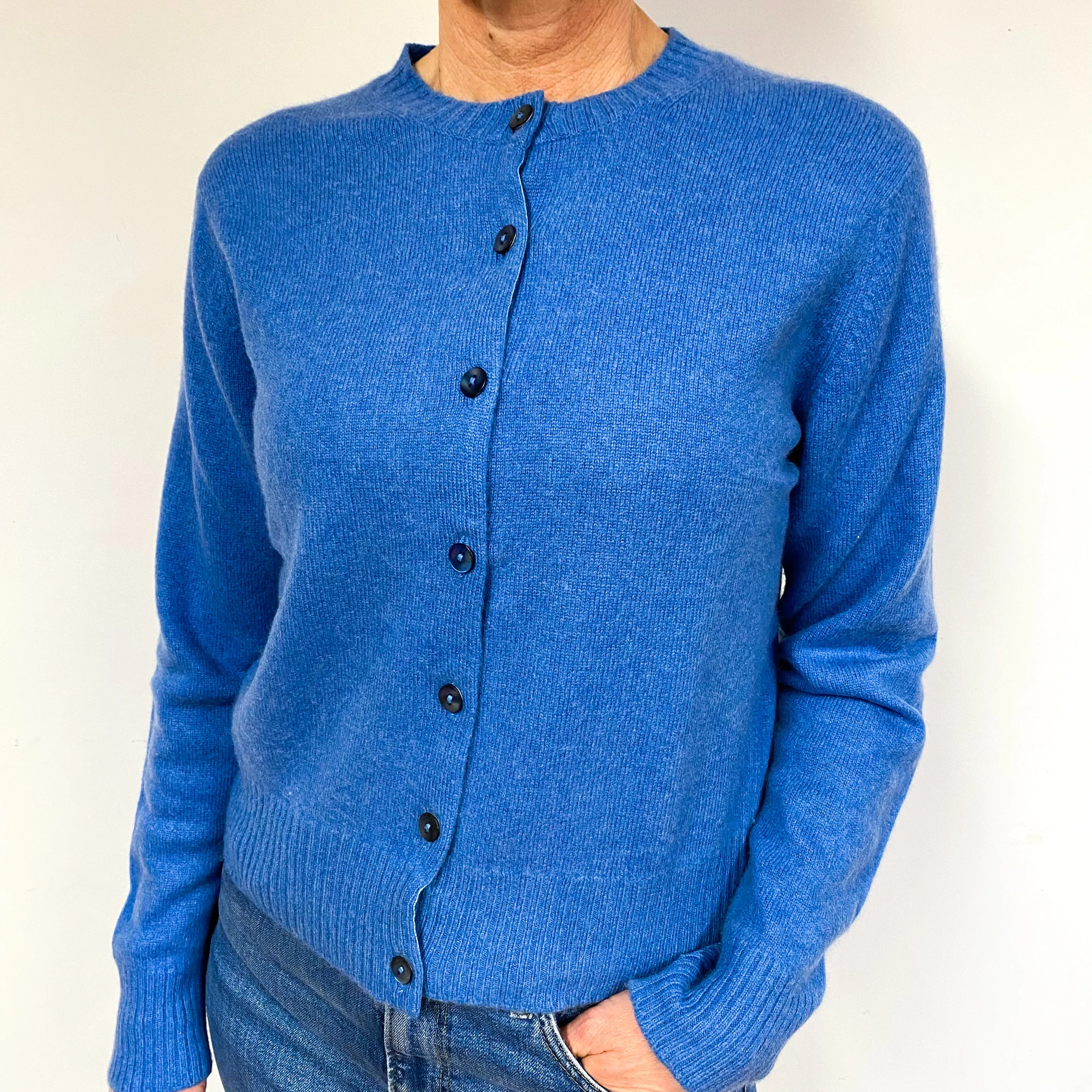 Brora Airforce Blue Cashmere Crew Neck Cardigan Medium