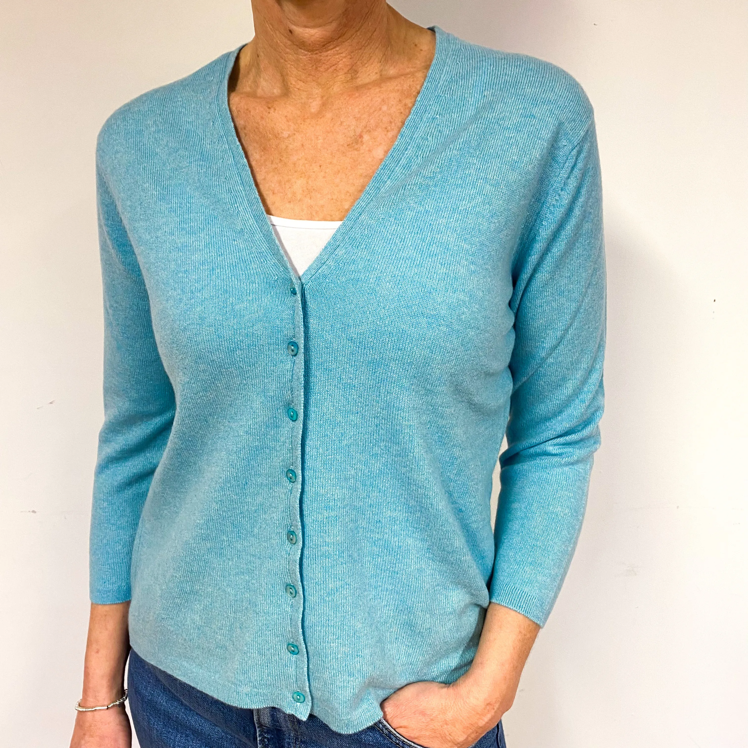 Brora Aqua Green Cashmere V-Neck Cardigan Medium