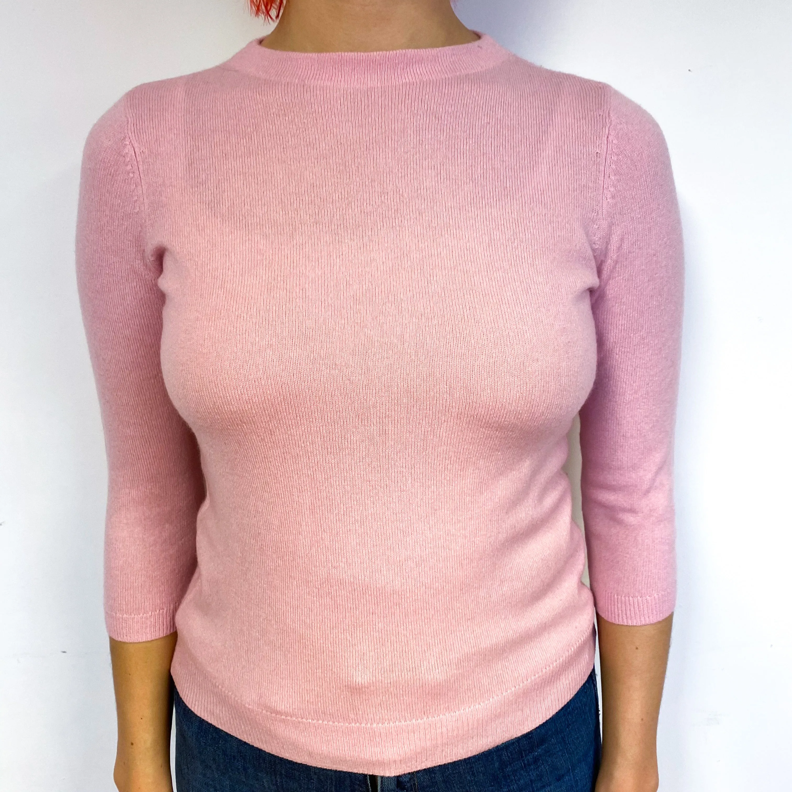 Carnation Pink 3/4 Sleeve Cashmere Crew Neck Jumper Small/Petite