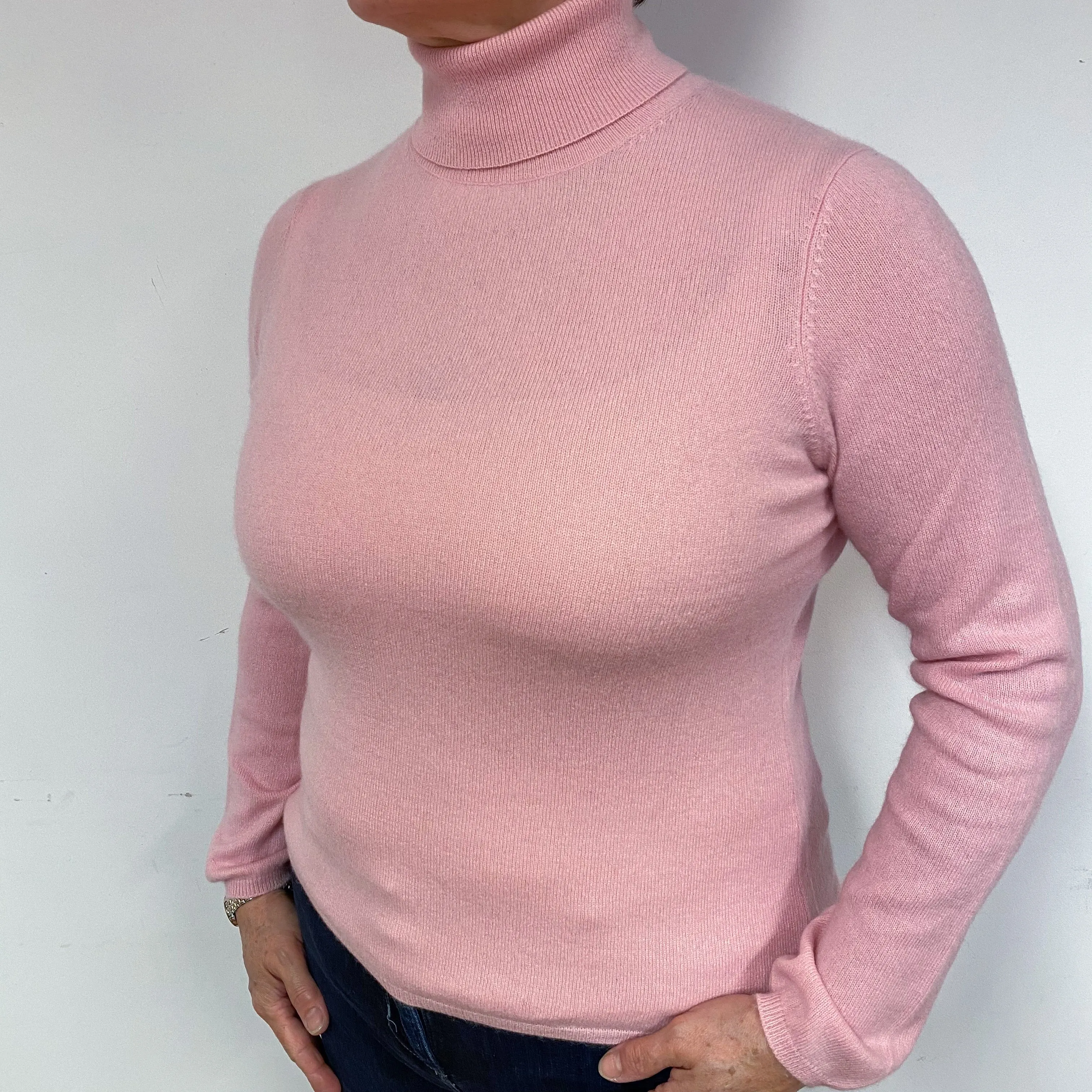 Carnation Pink Cashmere Polo Neck Jumper Large