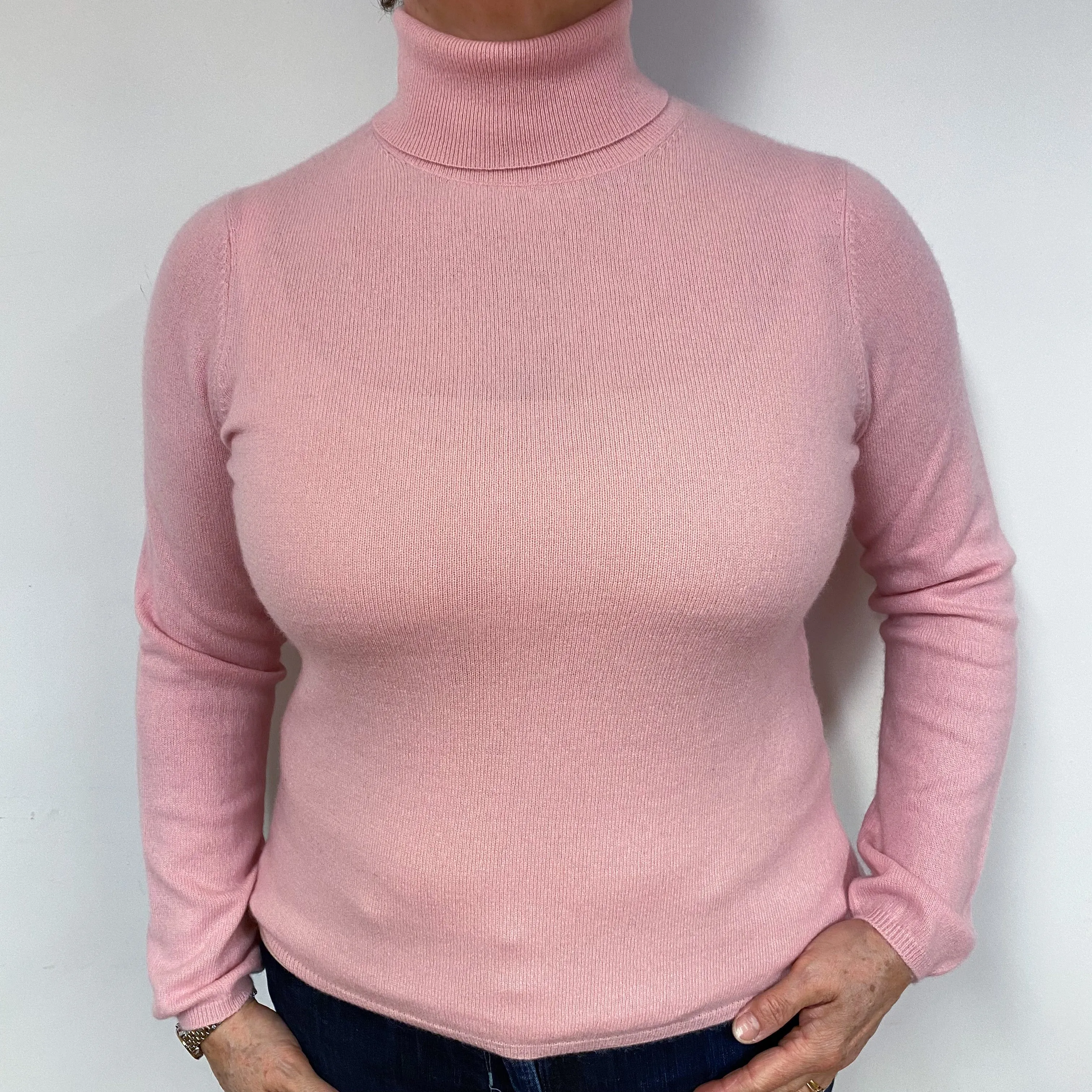 Carnation Pink Cashmere Polo Neck Jumper Large