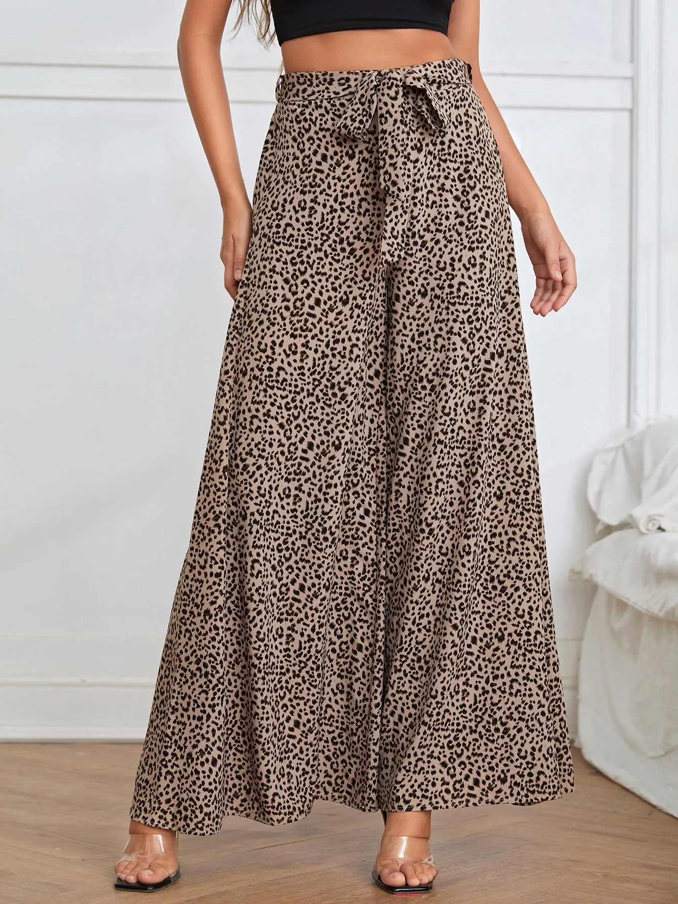 Casual Leopard Belted High Waist Long Women Pants