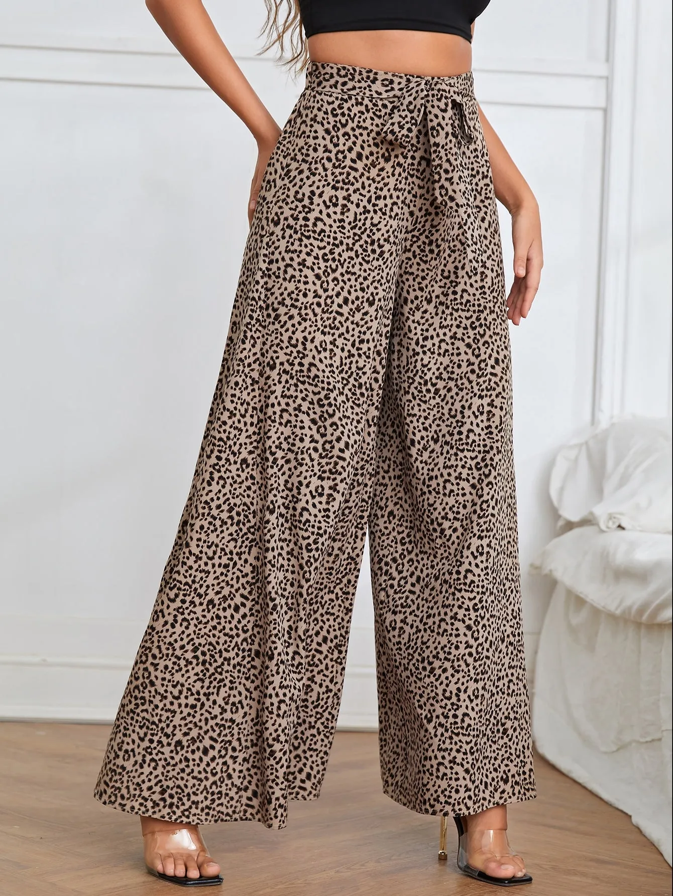 Casual Leopard Belted High Waist Long Women Pants