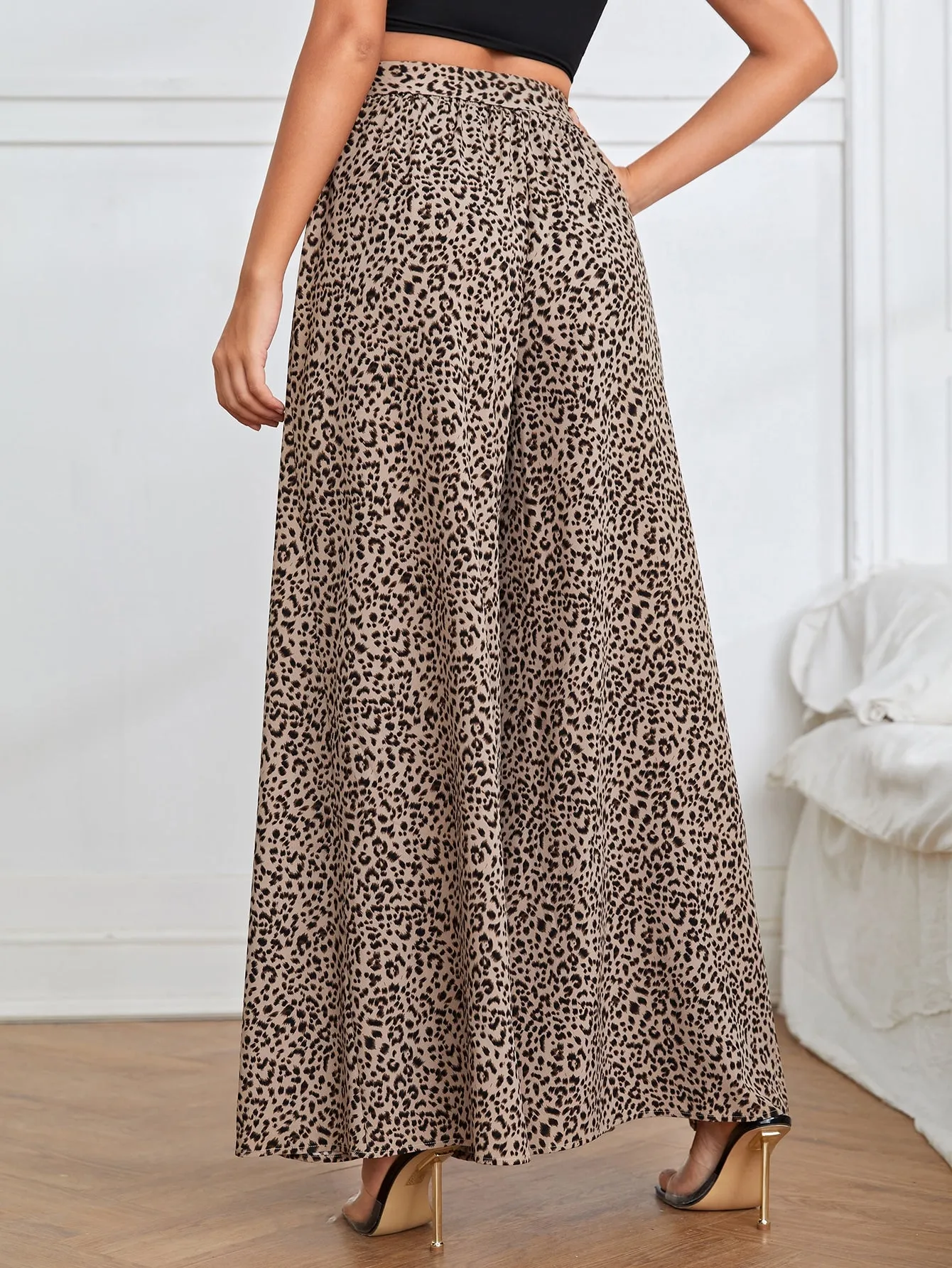 Casual Leopard Belted High Waist Long Women Pants