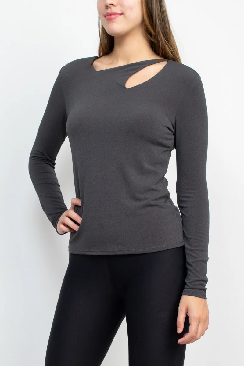 Catherine Malandrino Asymmetrical Cutout Neck Long Sleeve Solid Crepe Top