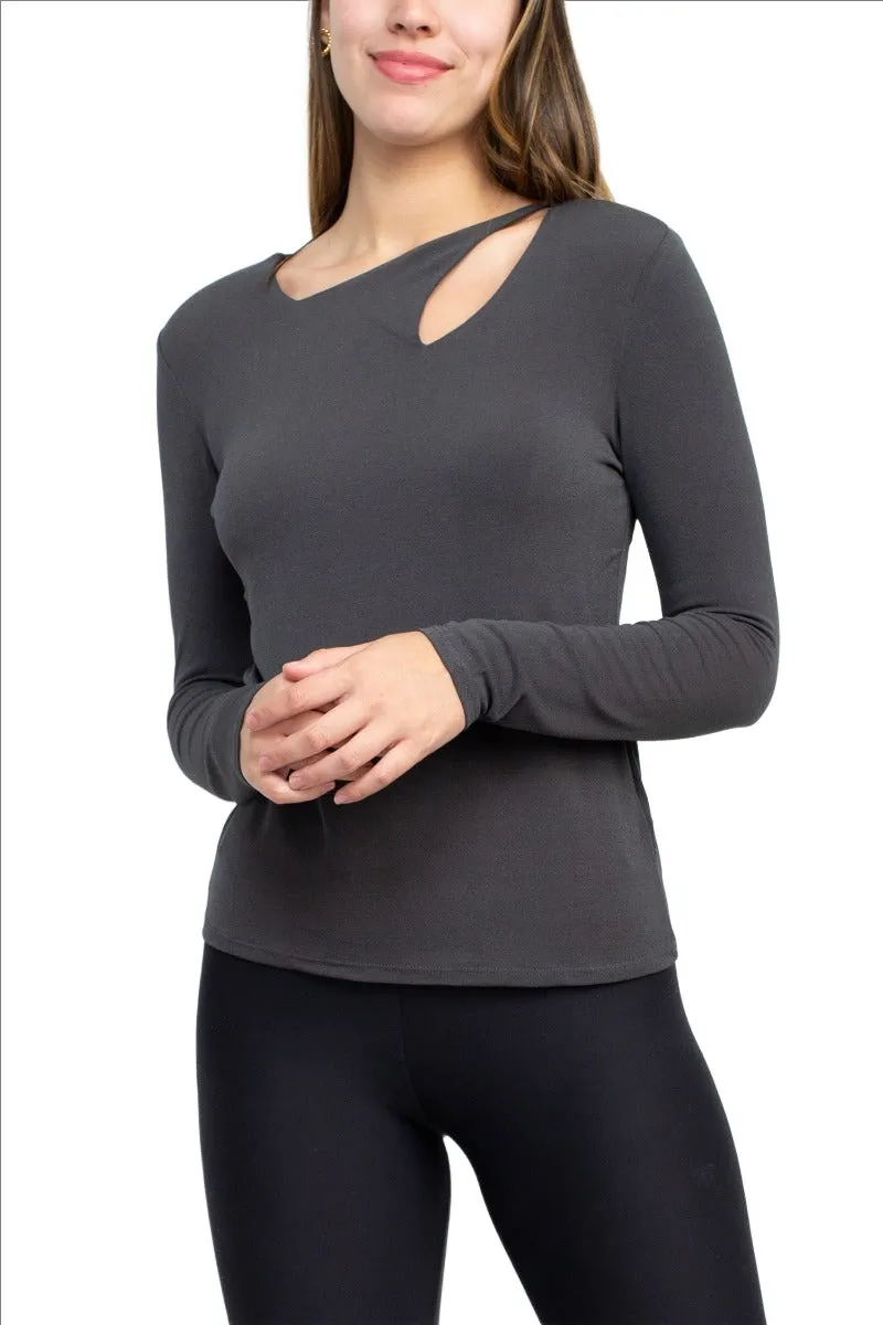 Catherine Malandrino Asymmetrical Cutout Neck Long Sleeve Solid Crepe Top