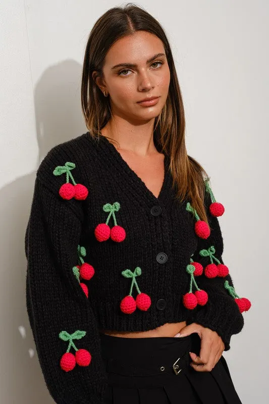 Cherry Cola 3-D Knit Crochet Crop Cardigan - Black