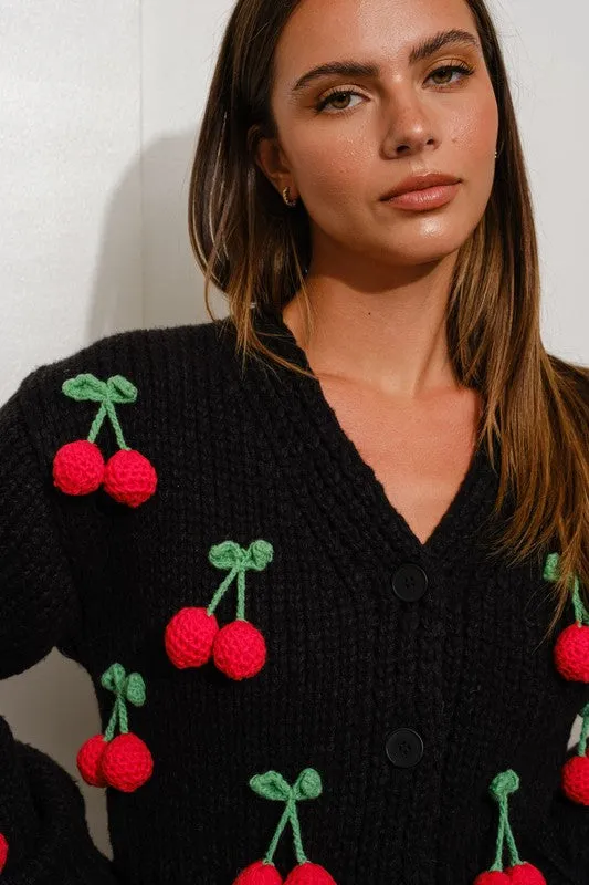 Cherry Cola 3-D Knit Crochet Crop Cardigan - Black