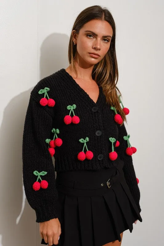 Cherry Cola 3-D Knit Crochet Crop Cardigan - Black