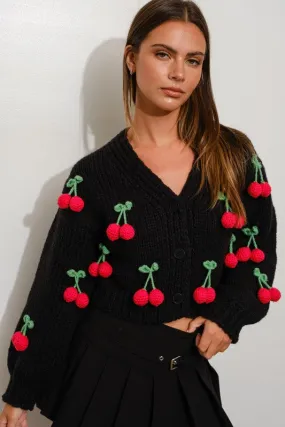 Cherry Cola 3-D Knit Crochet Crop Cardigan - Black