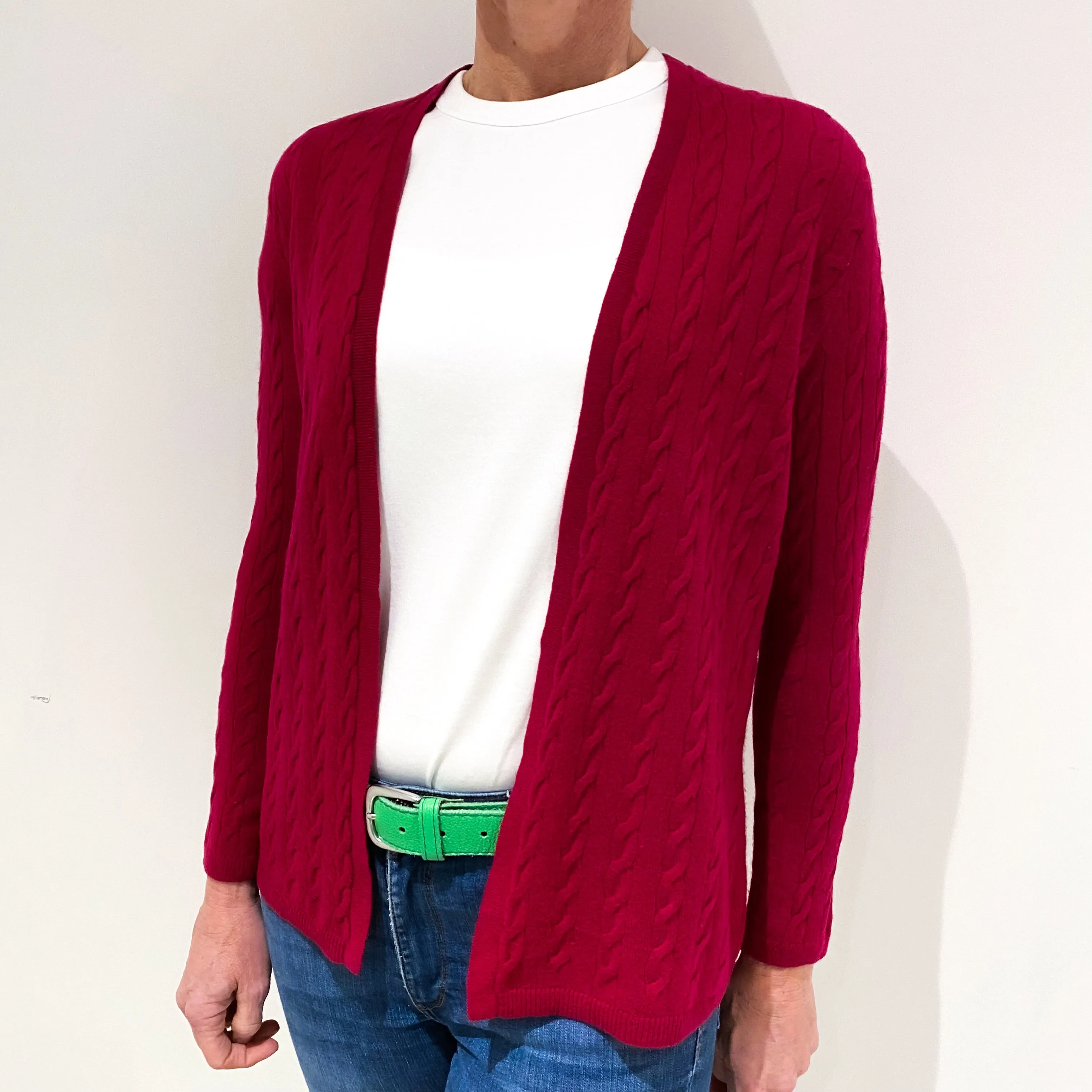 Cherry Red Cable Knit Cashmere Edge To Edge Cardigan Small