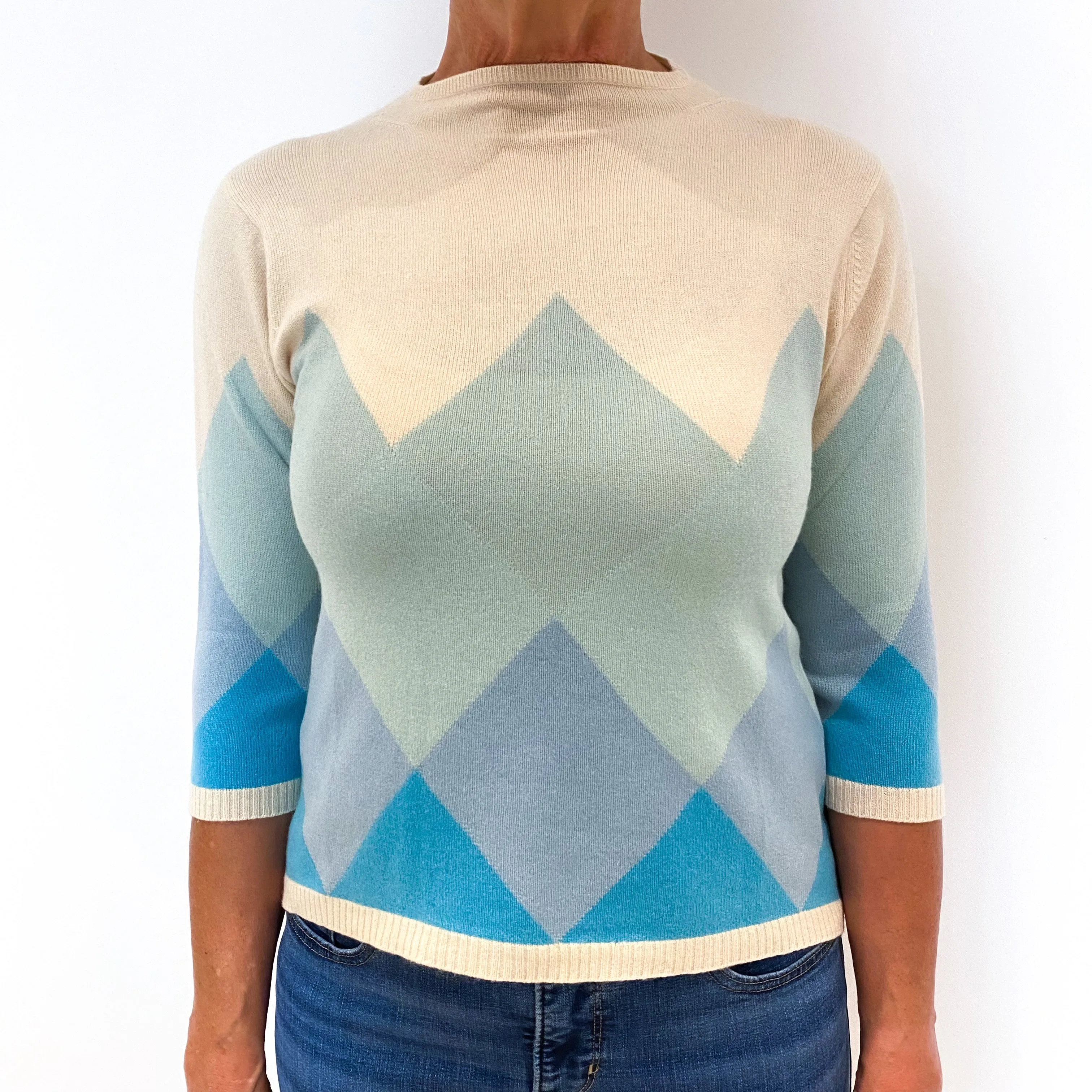 Cream Blue Diamond Pattern Cashmere Turtle Neck Jumper Medium