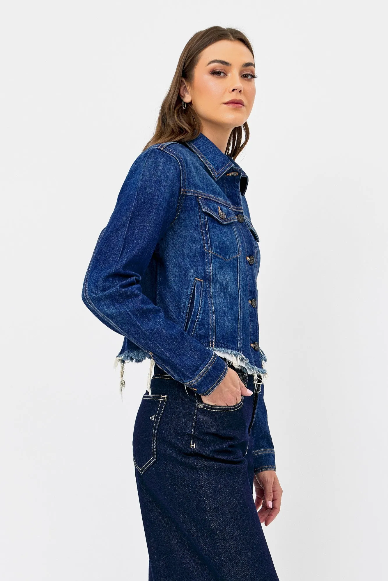 Dark Cropped Fitted Jean Jacket with Fray